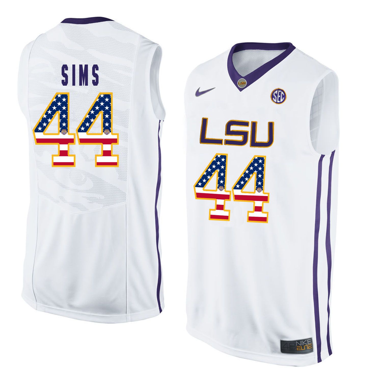 Men LSU Tigers #44 Sims White Flag Customized NCAA Jerseys